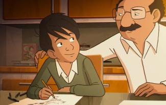 Projection du film "Les secrets de mon père" pour les groupes scolaires à l'espace des Augustins Un jeune garçon de dessin animé et son père assis à table en train d'écrire sur une feuille
