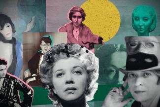 Projection du film documentaire "Un regard à soi : les artistes pionnières des années folles" à l'espace des Augustins Plusieurs têtes d'artistes féminines sur un fond à la fois sombre avec des touches de couleurs