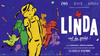 Projection du film "Linda veut du poulet" pour les groupes scolaires à l'espace des Augustins Affiche du film "Linda veut du poulet" avec plusieurs personnages de différentes couleurs et un fond violet