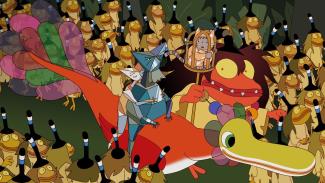 Projection du film "Sirocco et le royaume des courants d'air" pour les groupes scolaires à l'espace des Augustins Plusieurs personnages de dessins animés à côté et sur un animal volant fictif
